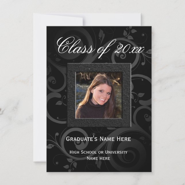 Invitation Black Swirl Elegant Photo Graduation (Devant)