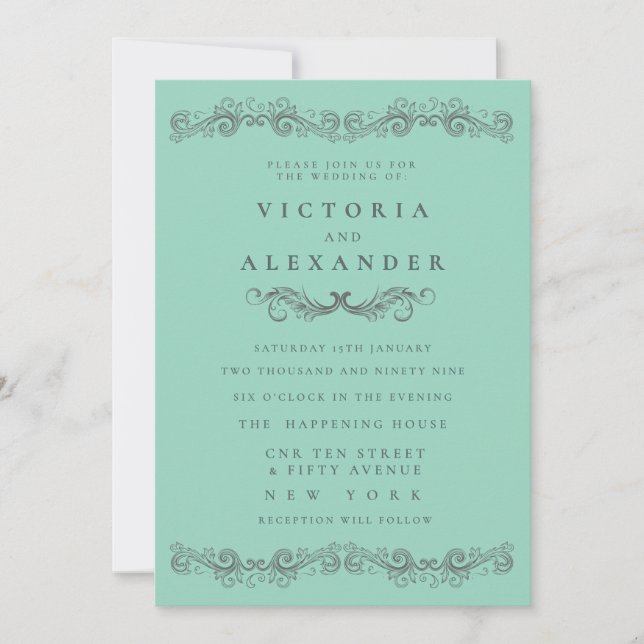 Invitation Black Teal Flourish Elegant Any Time Wedding (Devant)