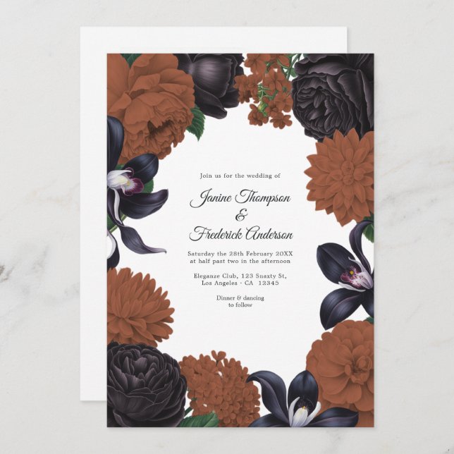 Invitation Black & Terracotta Photo/QR Code Floral Wedding (Devant / Derrière)