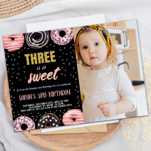 Invitation Black Three is Sweet Photo Donut Anniversaire