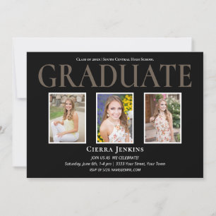 Invitation Black Three Photo Graduation Party