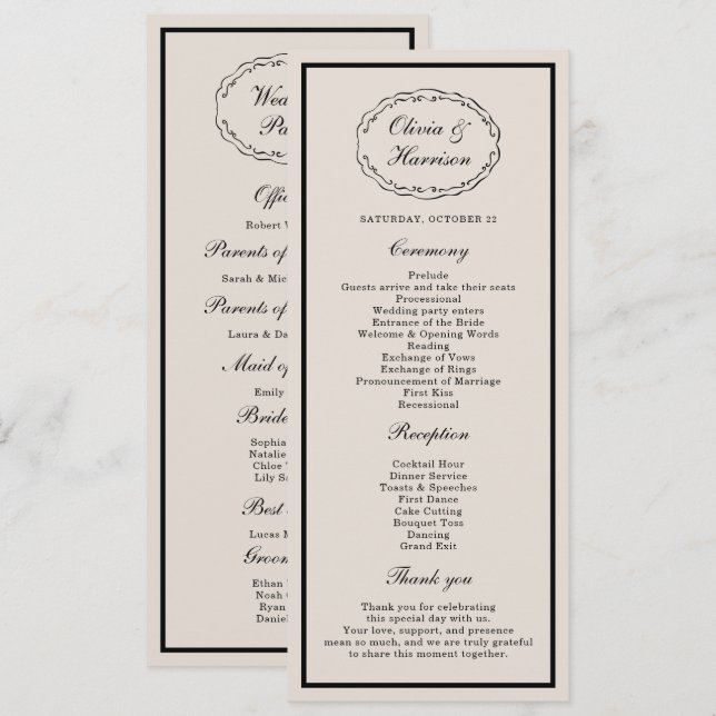 Invitation Black Tie Wedding Classic Program Card (Devant / Derrière)