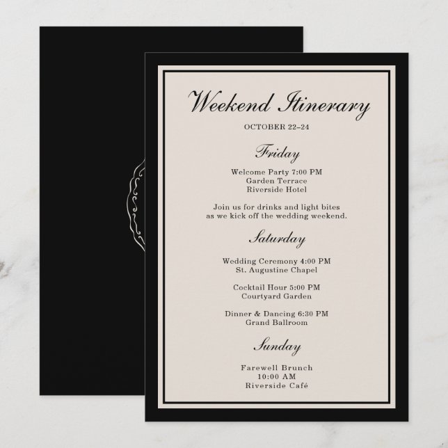 Invitation Black Tie Wedding Weekend Itinerary Card (Devant / Derrière)