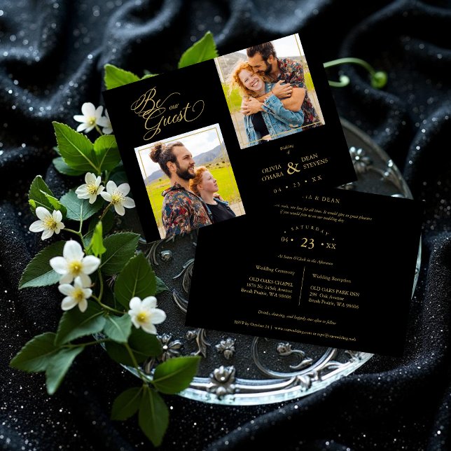 Invitation Black Trendy 2 Photos Fake Golden (Black Trendy Collage Wedding 2 Photos Invitation.)