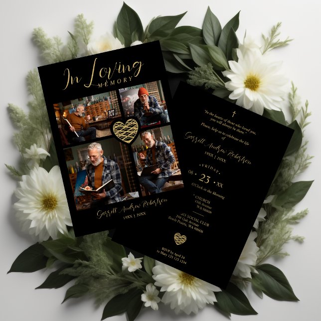 Invitation Black Trendy Collage 4 Photos Modern Heart  (Black Trendy Collage 4 Photos Modern Heart for Funeral or Celebration of Life Invitation card.)