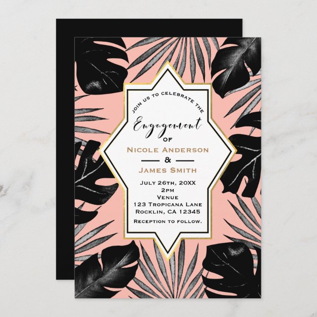Invitation Black Tropical Feuille Coral Peach Gold Fiançaille (Devant / Derrière)