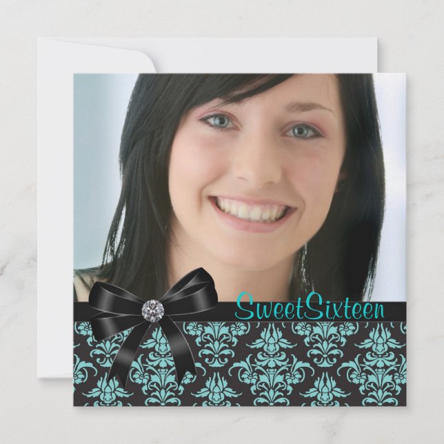 Invitation Black Turquoise bleu Damask Photo Sweet sixteen Pa (Devant)
