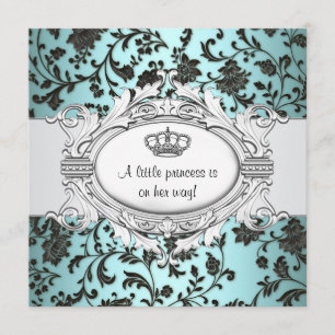 Invitation Black Turquoise Blue Damask Princess Baby Girl Sho