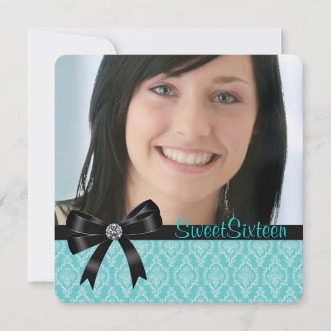 Invitation Black Turquoise Blue Damask Sweet sixteen (Devant)