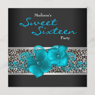 Invitation Black Turquoise Blue Leopard fête d'anniversaire