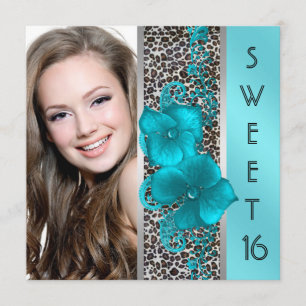 Invitation Black Turquoise Blue Leopard Photo Sweet 16 Annive