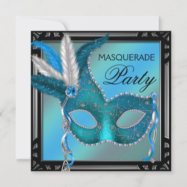 Invitation Black Turquoise Blue Masquerade Party (Devant)