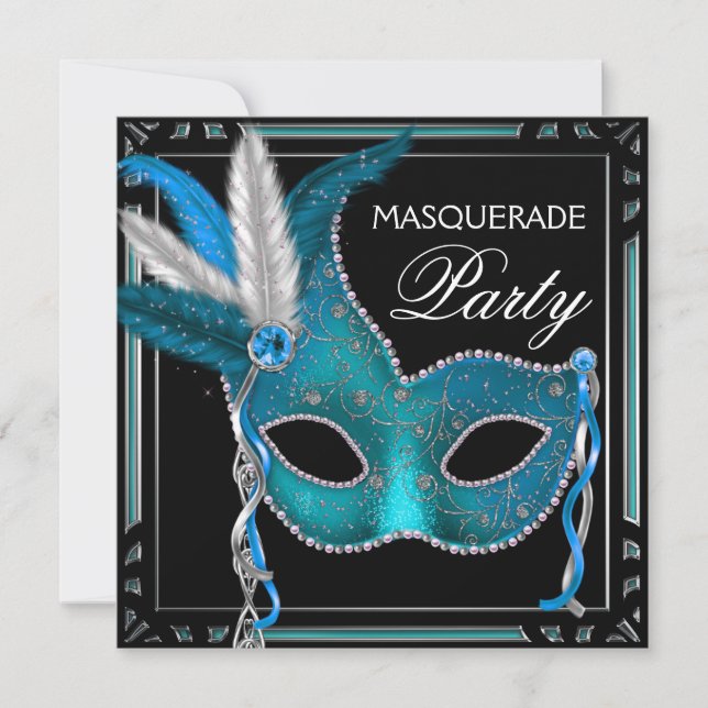 Invitation Black Turquoise Blue Masquerade Party (Devant)