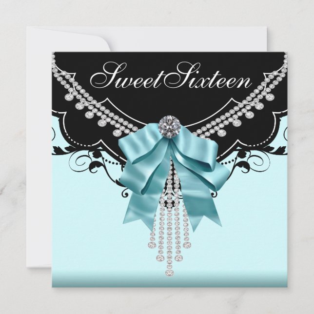 Invitation Black Turquoise Blue Sweet sixteen fête d'annivers (Devant)