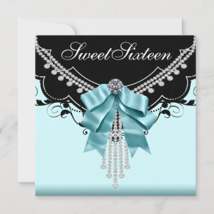 Invitation Black Turquoise Blue Sweet sixteen fête d'annivers