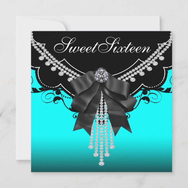 Invitation Black Turquoise Blue Sweet sixteen fête d'annivers (Devant)