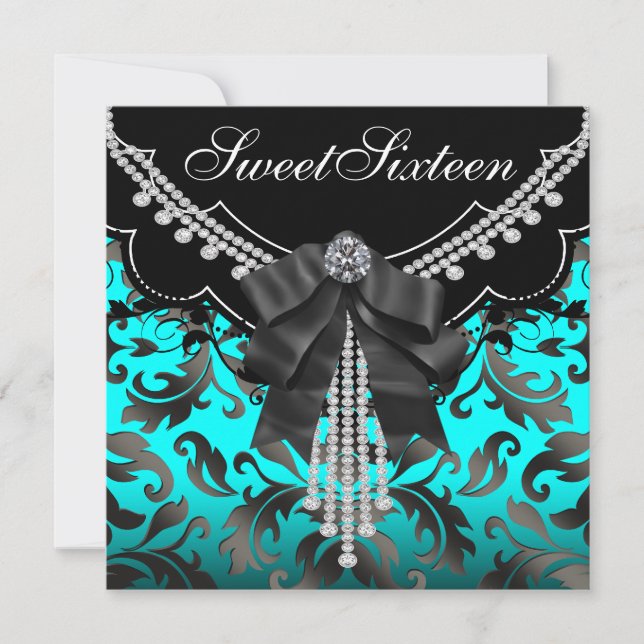 Invitation Black Turquoise Blue Sweet sixteen fête d'annivers (Devant)