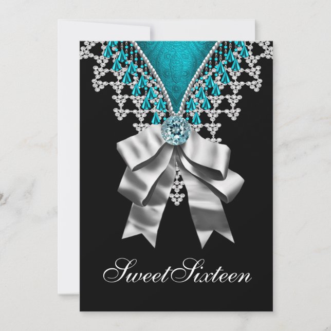 Invitation Black Turquoise Blue Sweet sixteen fête d'annivers (Devant)
