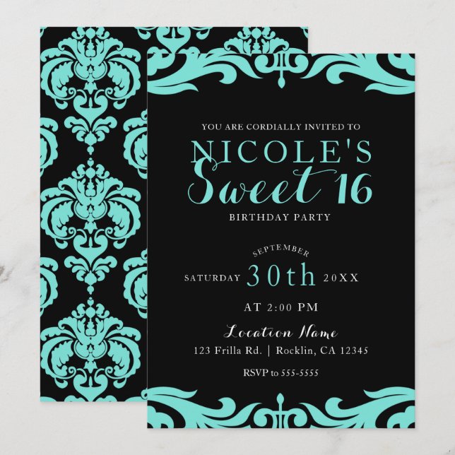 Invitation Black & Turquoise Damask Chic Elegant Sweet 16 Par (Devant / Derrière)