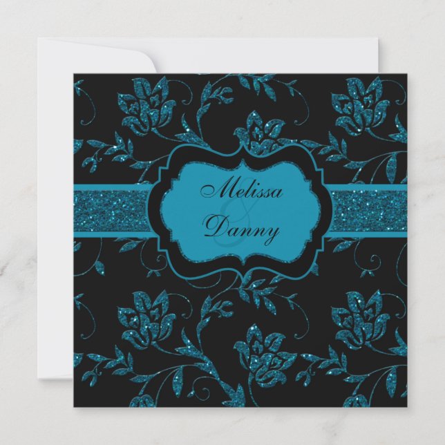 Invitation Black Turquoise FAUX Parties scintillant Floral En (Devant)