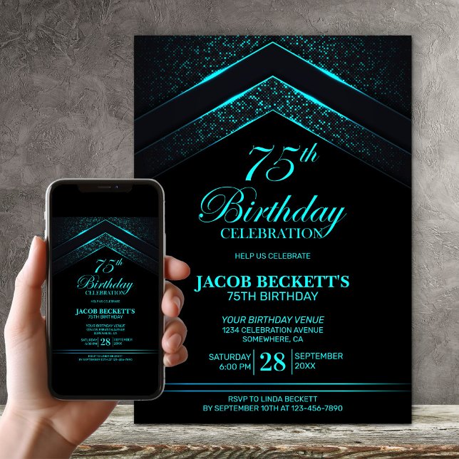 Invitation Black Turquoise moderne 75e anniversaire (Créateur téléchargé)