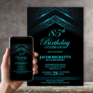 Invitation Black Turquoise moderne 85e fête d'anniversaire