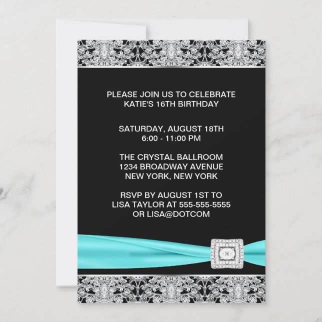 Invitation Black Turquoise Silver Lace Élégante Sweet sixteen (Devant)