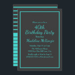 Invitation Black Turquoise Striped 40th Birthday Party<br><div class="desc">Make a bold and elegant statement with this sophisticated milestone birthday invitation, featuring a deep charcoal background accented by vibrant aqua typography. A sleek double-line border frames the design, while the combination of flowing script lettering and clean serif text creates a modern yet timeless look. Perfect for celebrating a woman’s...</div>