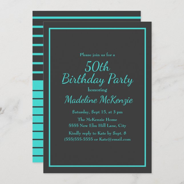 Invitation Black Turquoise Striped 50th Birthday Party (Devant / Derrière)