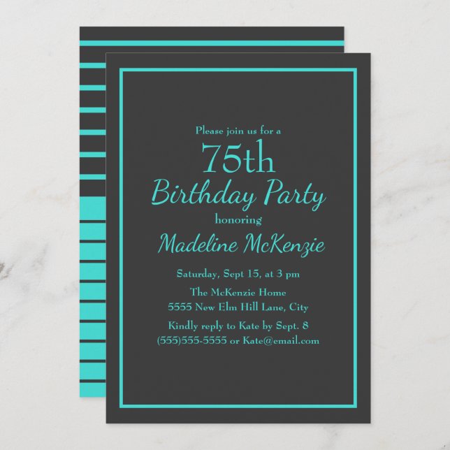 Invitation Black Turquoise Striped 75th Birthday Party (Devant / Derrière)