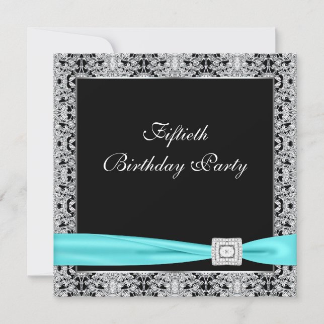 Invitation Black Turquoise Womans Classy 50e anniversaire fêt (Devant)