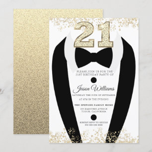 Invitation Black Tuxedo Suit Gold Mens 21e fête d'anniversair