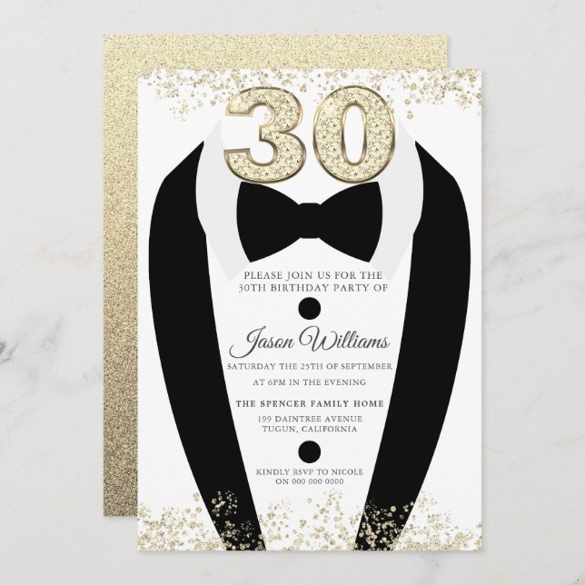 Invitation Black Tuxedo Suit Gold Mens 30e fête d'anniversair (Devant / Derrière)