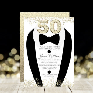 Invitation Black Tuxedo Suit Gold Mens 50e fête d'anniversair