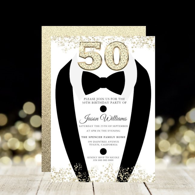 Invitation Black Tuxedo Suit Gold Mens 50e fête d'anniversair (Créateur téléchargé)