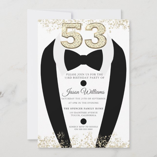 Invitation Black Tuxedo Suit Gold Mens 53e fête d'anniversair (Devant)