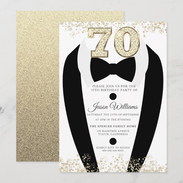 Invitation Black Tuxedo Suit Gold Mens 70e fête d'anniversair (Devant / Derrière)