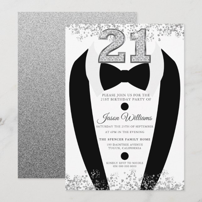 Invitation Black Tuxedo Suit Silver Mens 21e fête d'anniversa (Devant / Derrière)