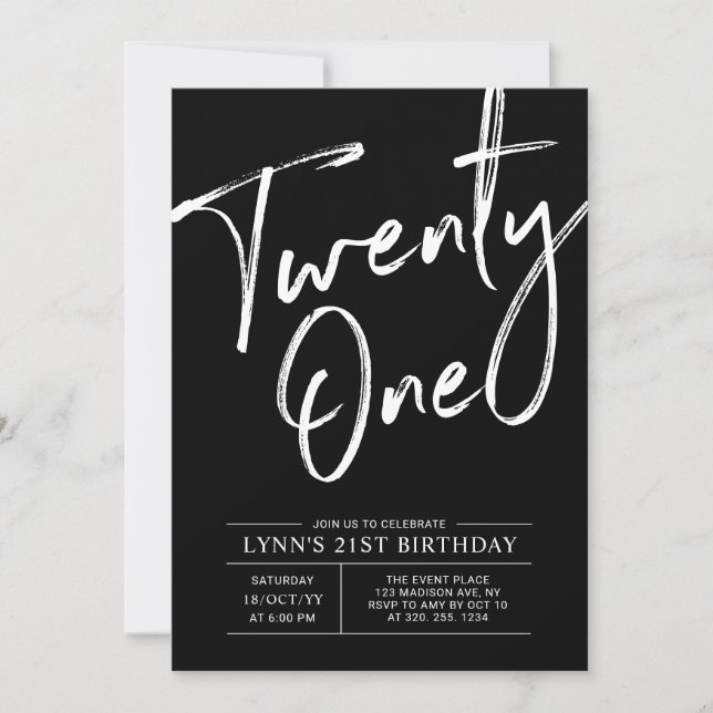 Invitation Black Twenty one | Moderne fête d'anniversaire 21 (Devant)