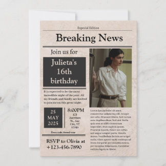 Invitation Black Vintage Breaking News classique