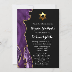 Invitation Black violet moderne et Gold Bar Mitzvah