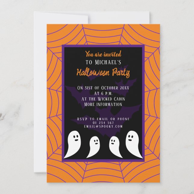 Invitation Black violet orange toile d'araignée Halloween fan (Devant)