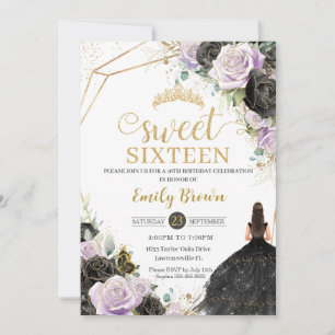 Invitation Black violet Rose Floral Princess Sweet sixteen