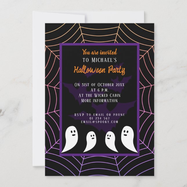 Invitation Black violet toile d'araignée Halloween fantôme (Devant)