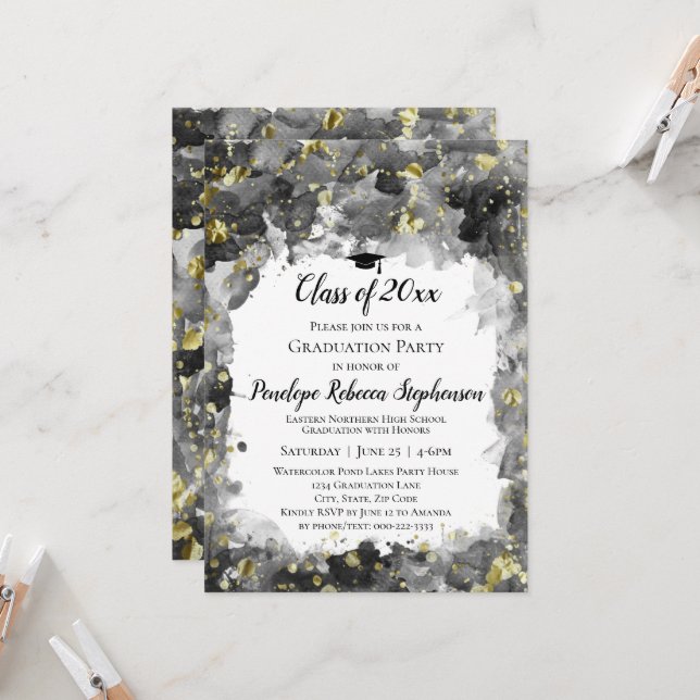 Invitation Black Watercolor Gold Splatter Graduation Party (Devant/Arrière en situation)