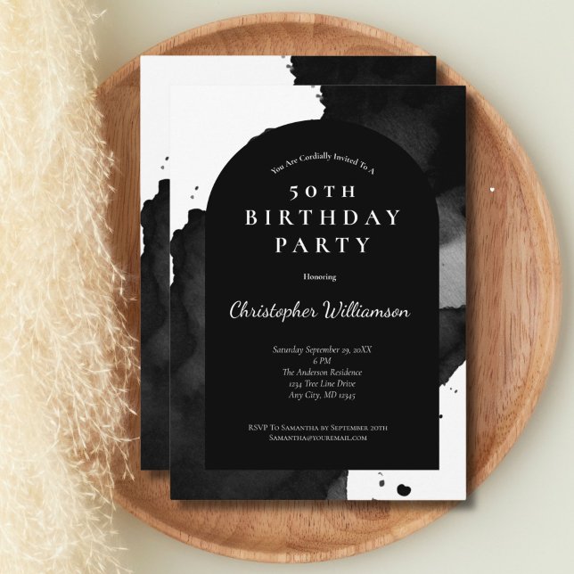 Invitation Black Watercolor Laver Arc moderne 50e anniversair (Black Watercolor Wash Modern Arch 50th Birthday invitation for him or her.)