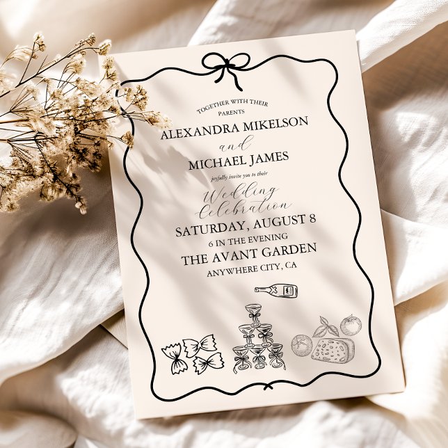 Invitation Black Wavy Whimsical Italien Mariage de doodle (Créateur téléchargé)