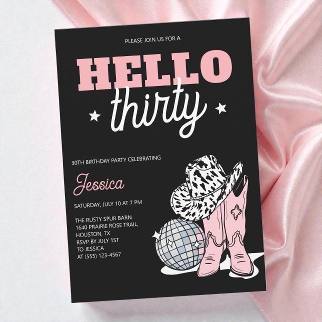 Invitation Black Western Disco Cowgirl 30th Birthday Party (Black Western Disco Cowgirl 30th Birthday Party Invitation)