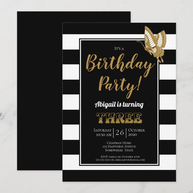 Invitation Black White and Gold Parties scintillant 3e fête d (Devant / Derrière)