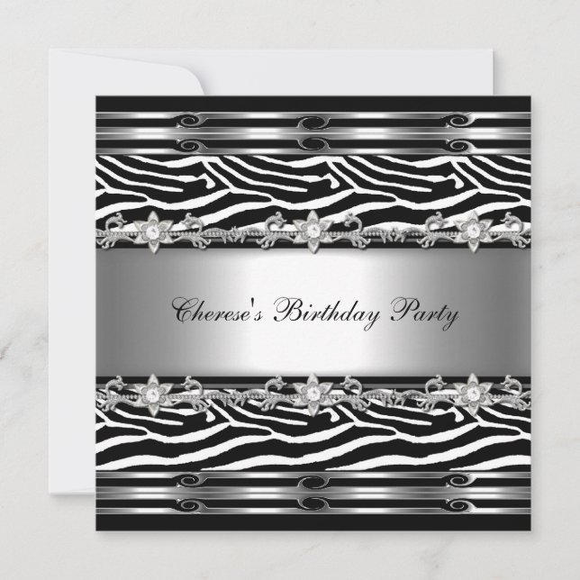 Invitation Black White Anniversaire fête Zebra Animal Jewel (Devant)